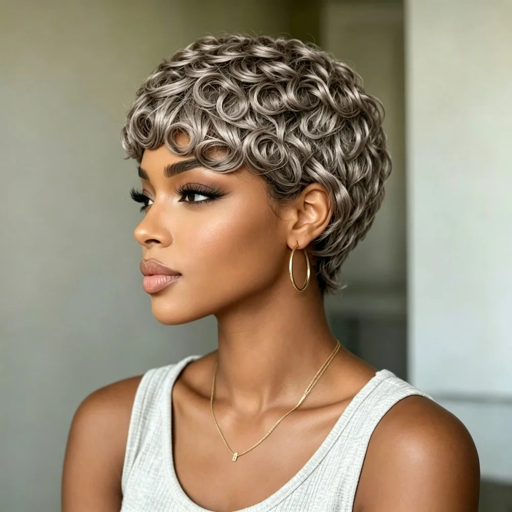 Short Pixie Cut Loose Curly Gray Human Hair Wig for Women Full Machine Made Stylish Silver Grey Synthetic Hair Topper