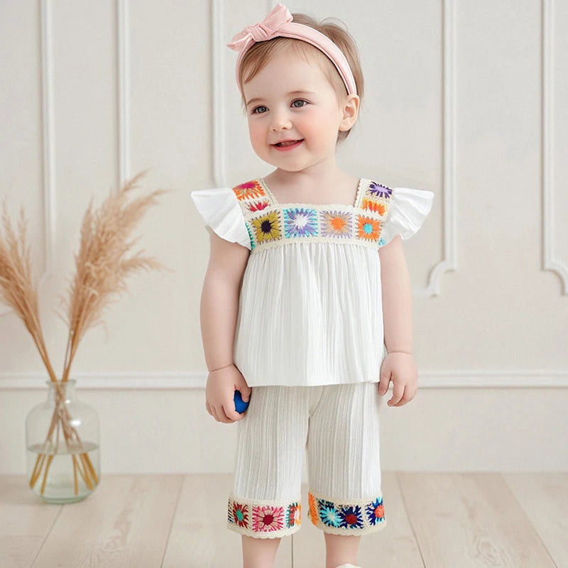 Adorable Baby Girl Ruffle Sleeve Top and Pants Set with Crochet Flower Detail Elastic Waistband and Summer Vibes - 2 Piece