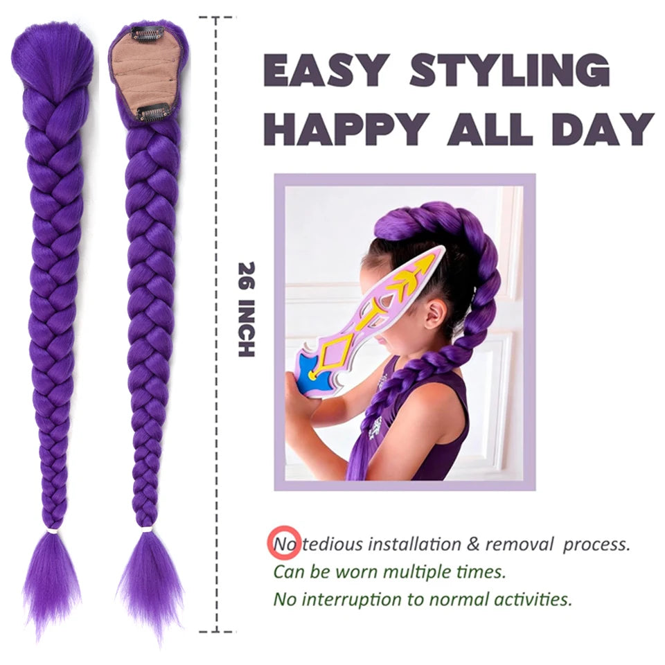 Synthetic Braided Purple Hair Ponytail Rumi Costume Hairstyle Long Ponytail with Rubber band and Clips for Kids Girls Christmas