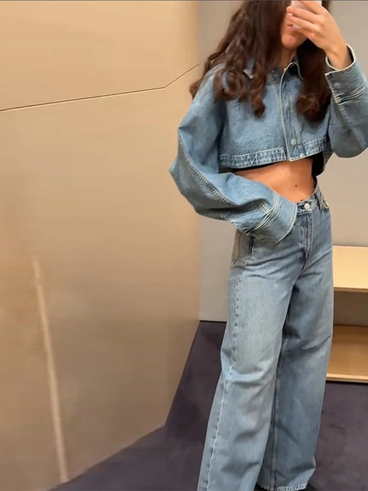 Women Denim Short Tops Pants 2 Piece Sets Lapel Baggy Long Sleeves Coats Straight Wide Leg Loose Jeans Suits 2025 Summer Outfits