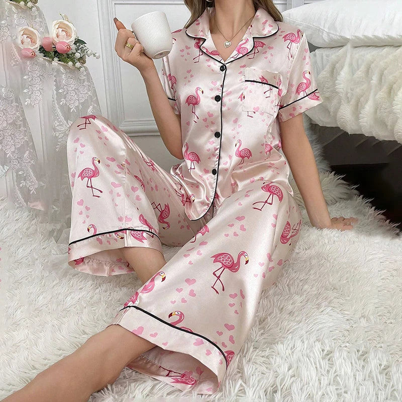 Pijama de satén elegante para mujer, conjunto de pijama con estampado floral, top de manga corta con botones y solapa, y pantalón largo para dormir o estar en casa