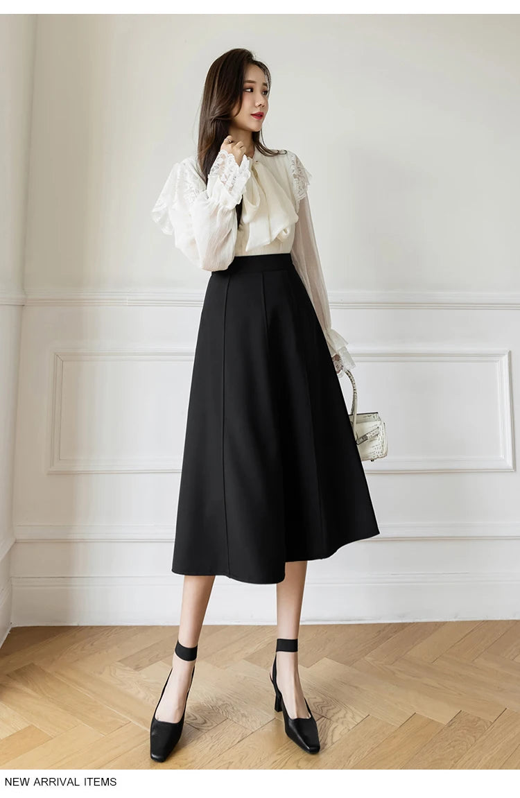 Women's Skirt Spring Women High Waist Solid Vintage Girl's Waist Down Skirt Knee-length A-line Fashion Thin Skirt for Women