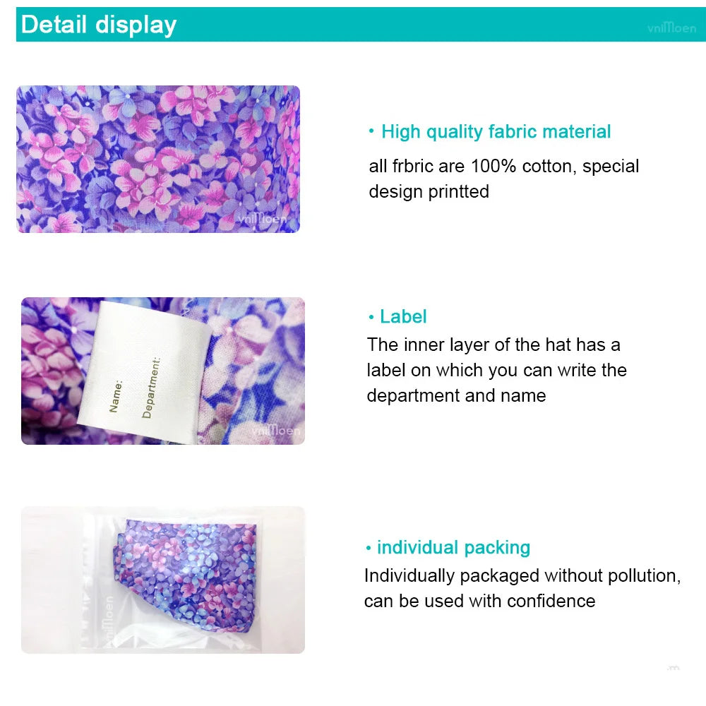 Fashion scrubs caps Adjustable cotton Flower printing hats High Quality adjustable sweat-absorbent Elastic multicolor scrubs hat