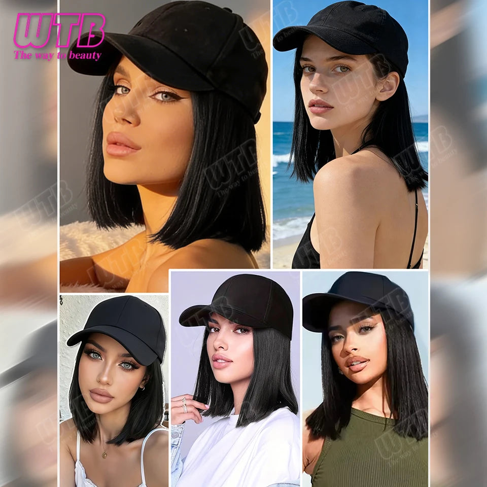WTB Synthetic Hat Wig Black Short Straight Hair Adjustable Size Sunshade Cap Suitable for Women's Daily and Holiday Wear