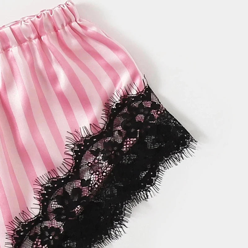 Women Satin Silk Pajamas Set 4 Pcs outfit Sexy Striped Lace Nightwear Sleepwear Ladie Lingеrie Robe Pajama Pants New in Matching