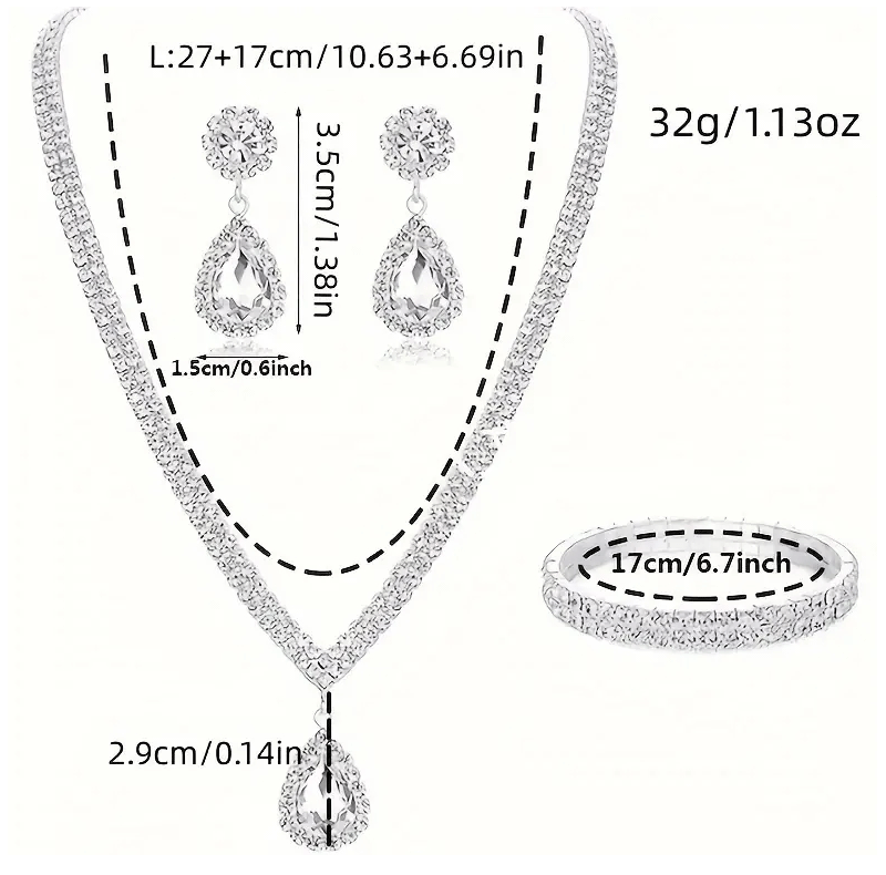 Juego de joyas lujosas de 4 piezas, exquisito colgante de diamantes de imitación, elegante collar, pendientes y pulsera chapados en plata con cristales para mujer