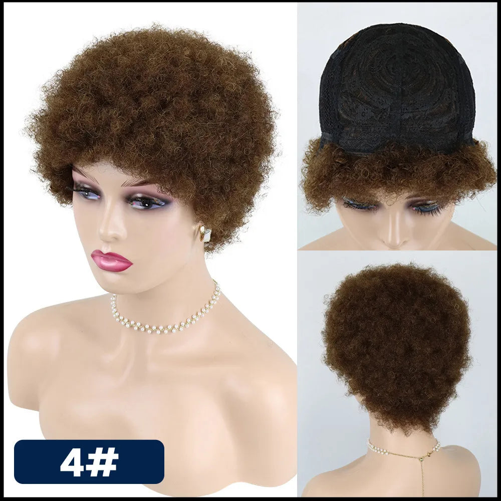 Medium Brown Afro Kinky Curly Wigs for Black Women 30# Kinky Curly Human Hair Afro Wigs African American Machine Made Pixie Wig