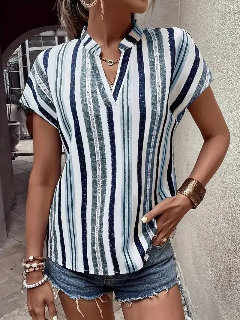 Women's Tops Blouses New Summer Casual Fashion Striped Print V-neck Short Sleeve Shirt Elegant Women Shirts Tops Streetwear