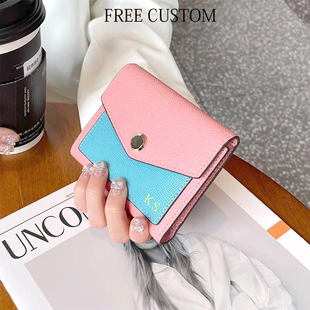 Cartera corta de lujo de diseñador para mujer, de cuero genuino, monedero de marca de moda con iniciales personalizadas, tarjetero de piel de vaca para señora
