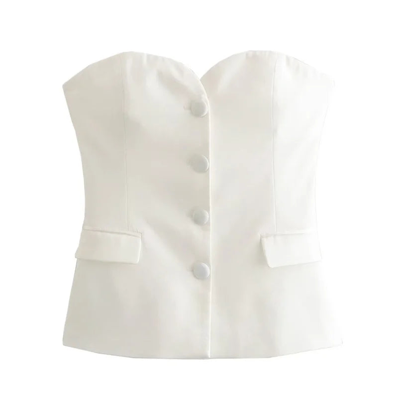 TRAF Women Crop Corset Top Summer Tanks & Camis White Black Tank Top Button Off Shoulder Sleeveless Tube Top Fashion Vests