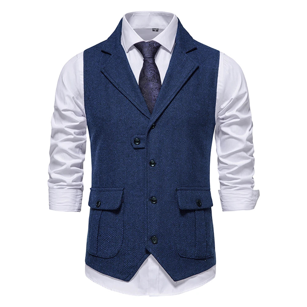 Men Suit Vest Herringbone Fabric Waistcoat Business Wedding Casual Turndown  Collar Men's Dress Blazer Vests Formal Party V07