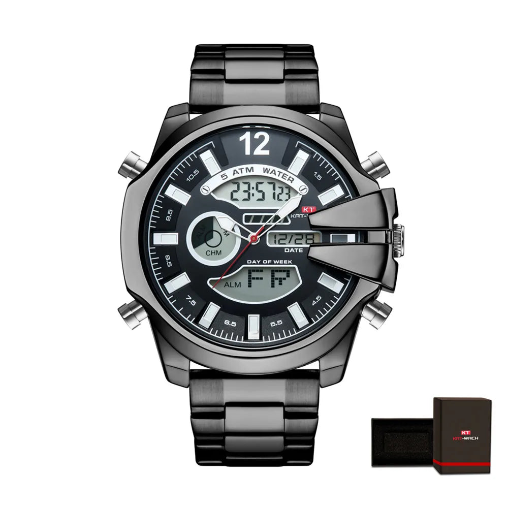 KAT-WACH Men Big Dial Wrist Watches Gold Top Brand Luxury Male Clock 2024 Gold Black Quartz Dual Display Chronograph Dropship