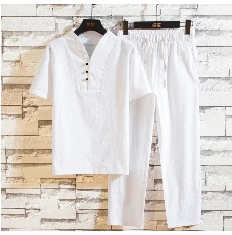 men's casual shirts (Shirt + trousers) summer men shirt Man Cotton and linen shirts Short sleeve men A set of clothes M-5XL