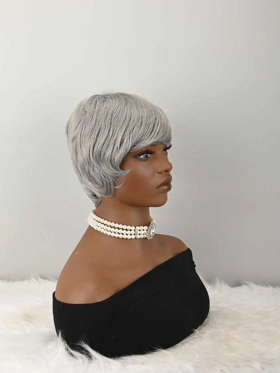 Grey Wigs for Women Short Wigs Short Curly Wigs Short Cut Hair with Bangs for Women Pixie Short Wig Synthetic Layered Wigs with Bangs Heat Resistant Fiber Wig For Daily Use