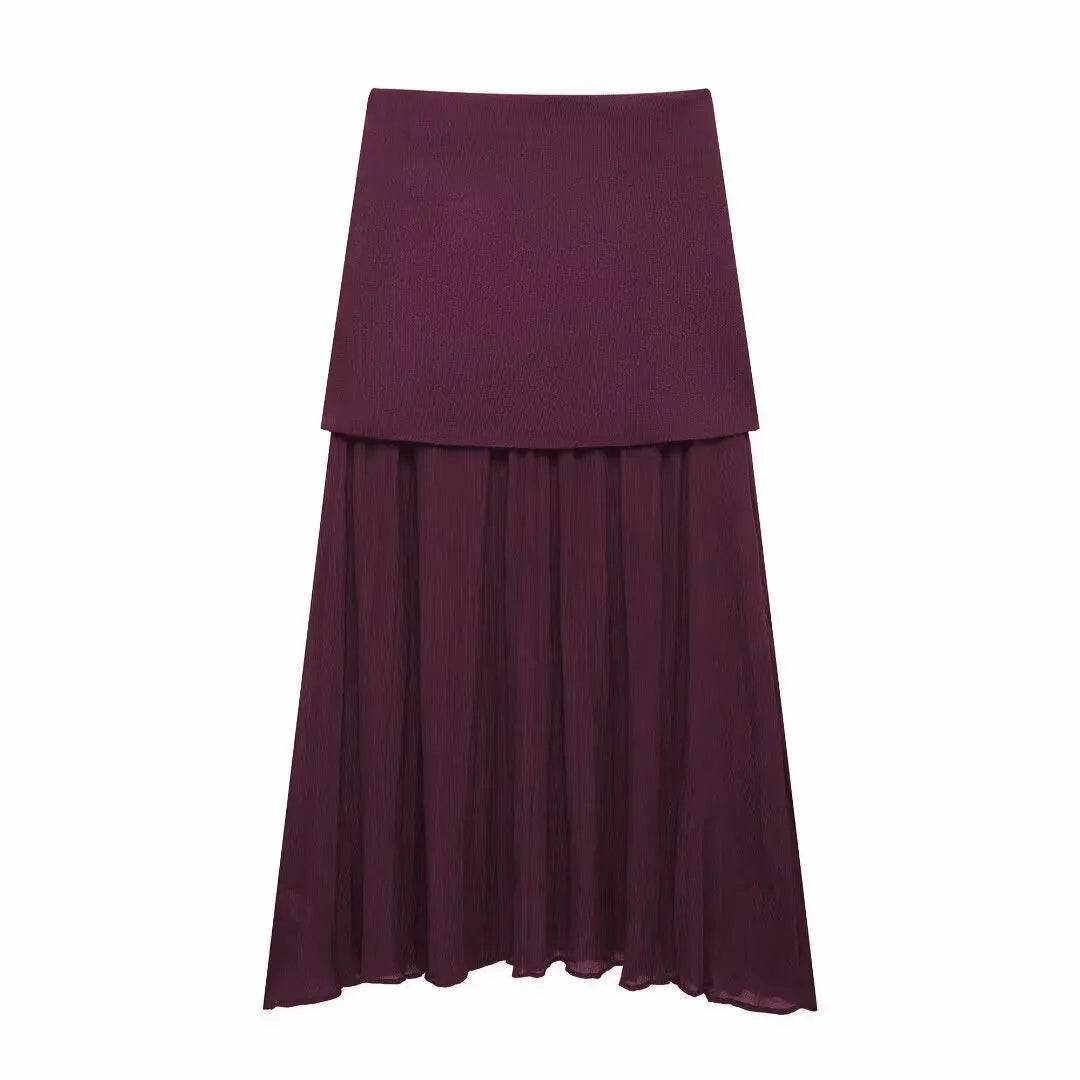TRAFZA Women Skirt Set Wine Red Knitted V-Neck Sleeveless Slim Vest +Solid High Waist Zipper Patchwork Long Skirt Street