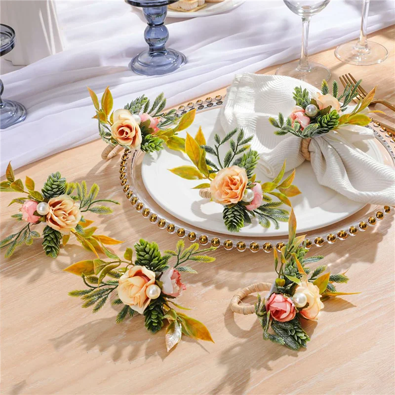 B84B-Servilleteros, juego de 12 servilleteros de flores con perlas para mesas de cena para bodas, fiestas, Navidad, vacaciones