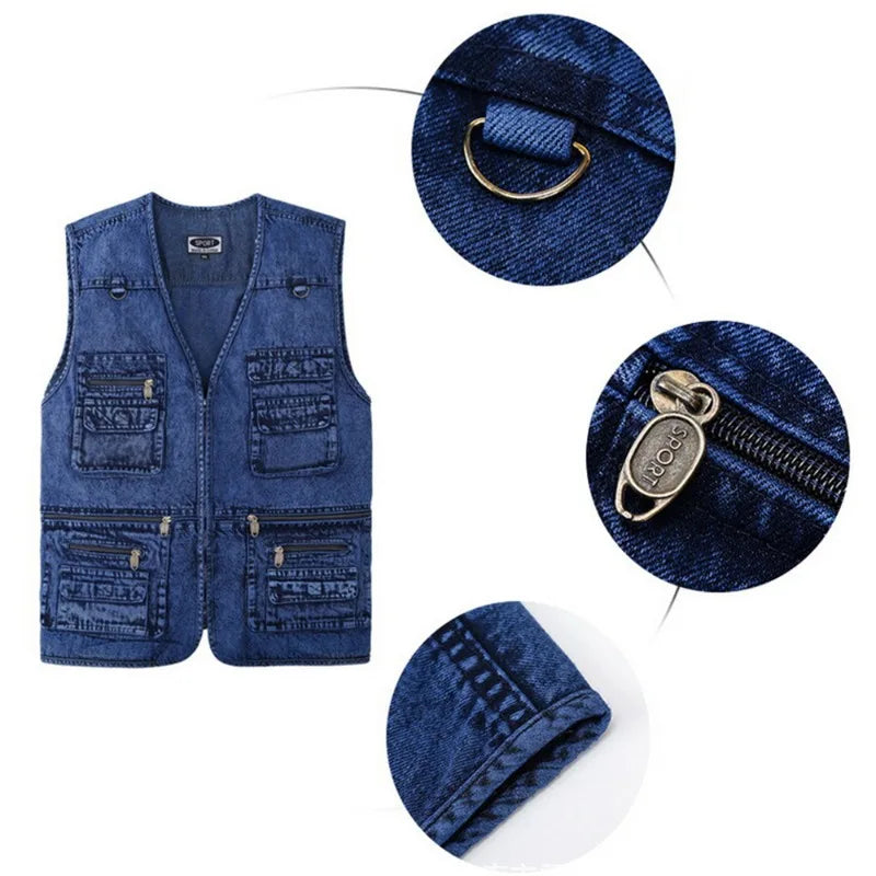 Men's Vest Coat Dark Bluemulti-pocket V-neck Fishing Sleeveless Coat Truck Driver Bicycle Denim Jacket Mountaineering Vest