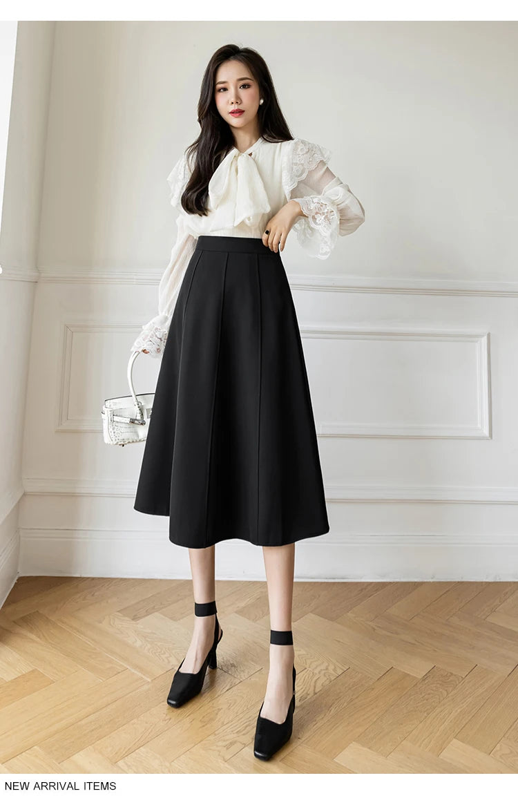 Women's Skirt Spring Women High Waist Solid Vintage Girl's Waist Down Skirt Knee-length A-line Fashion Thin Skirt for Women