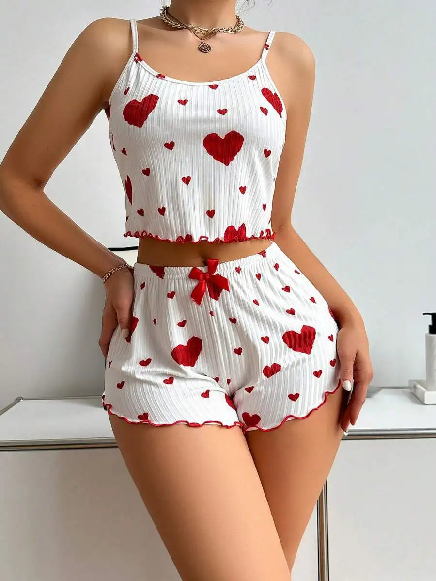 Women pajamas plus size pajamas set 2 piece short vest + trouser white breathable soft casual love print