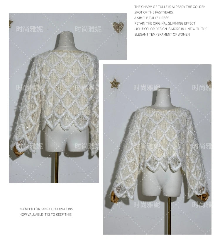 High-end Fashion Beaded Sequined Skirt Set 2025 Spring New Long-sleeved T-shirt Top High Waist Slim-fit Hip Skirt 2-piece Set