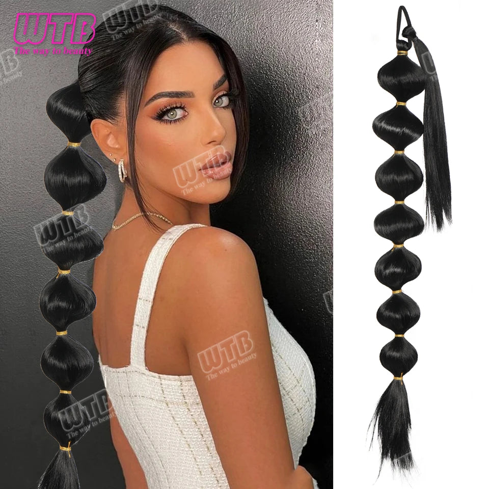 WTB Extensions de cheveux synthétiques en queue de cheval à bulles noires, afro, longues tresses, queue de cheval enveloppante en forme de lanterne pour femmes