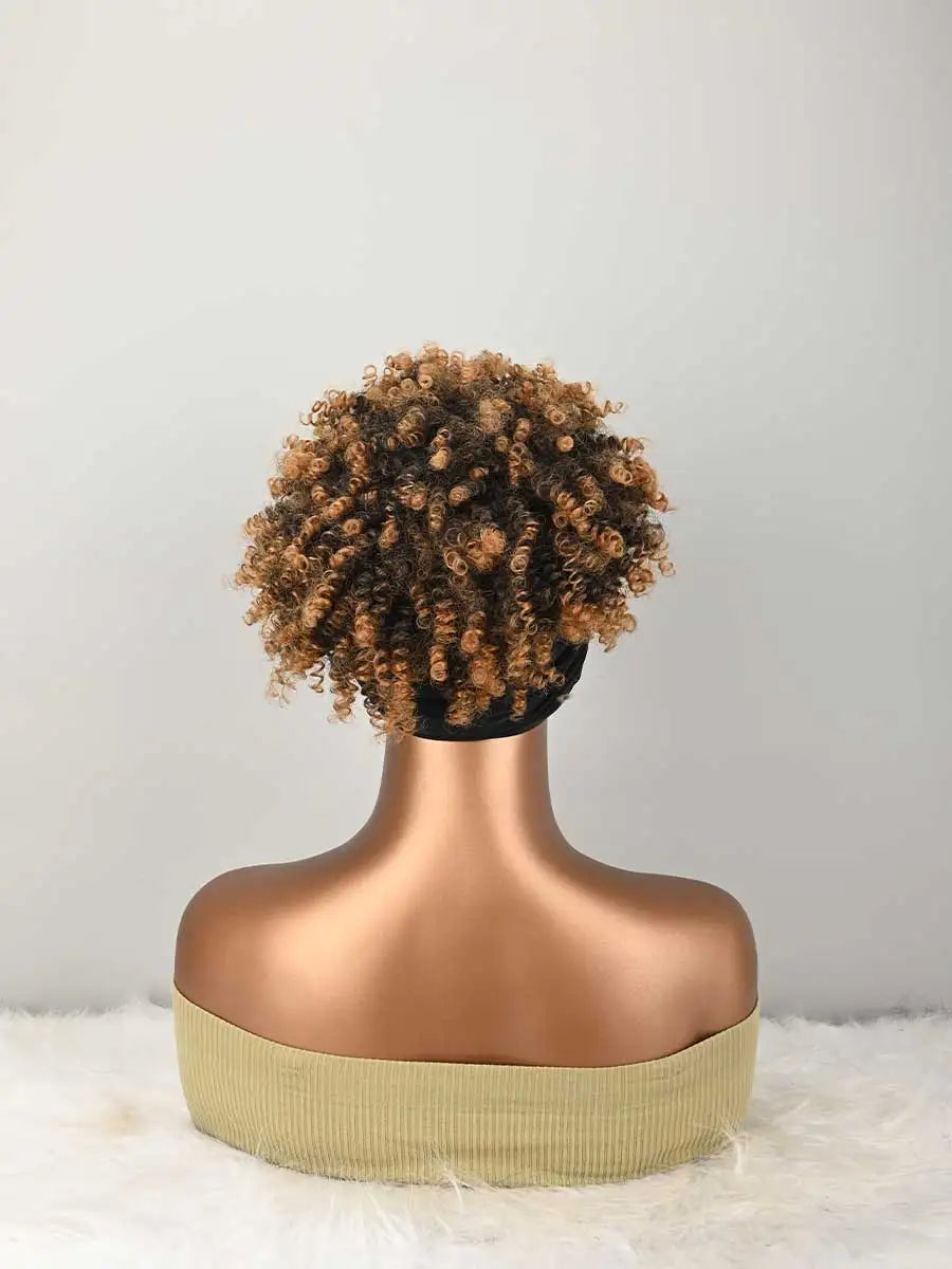 Headband Wig Curly Headband Wig With Bangs For Women Synthetic Afro Curly Hair Wig With Headband Attached Short Kinky Curly Afro High Puff With Bangs Stripes Short Red Curly Wigs with Bangs for Women, Natural Wavy Synthetic W