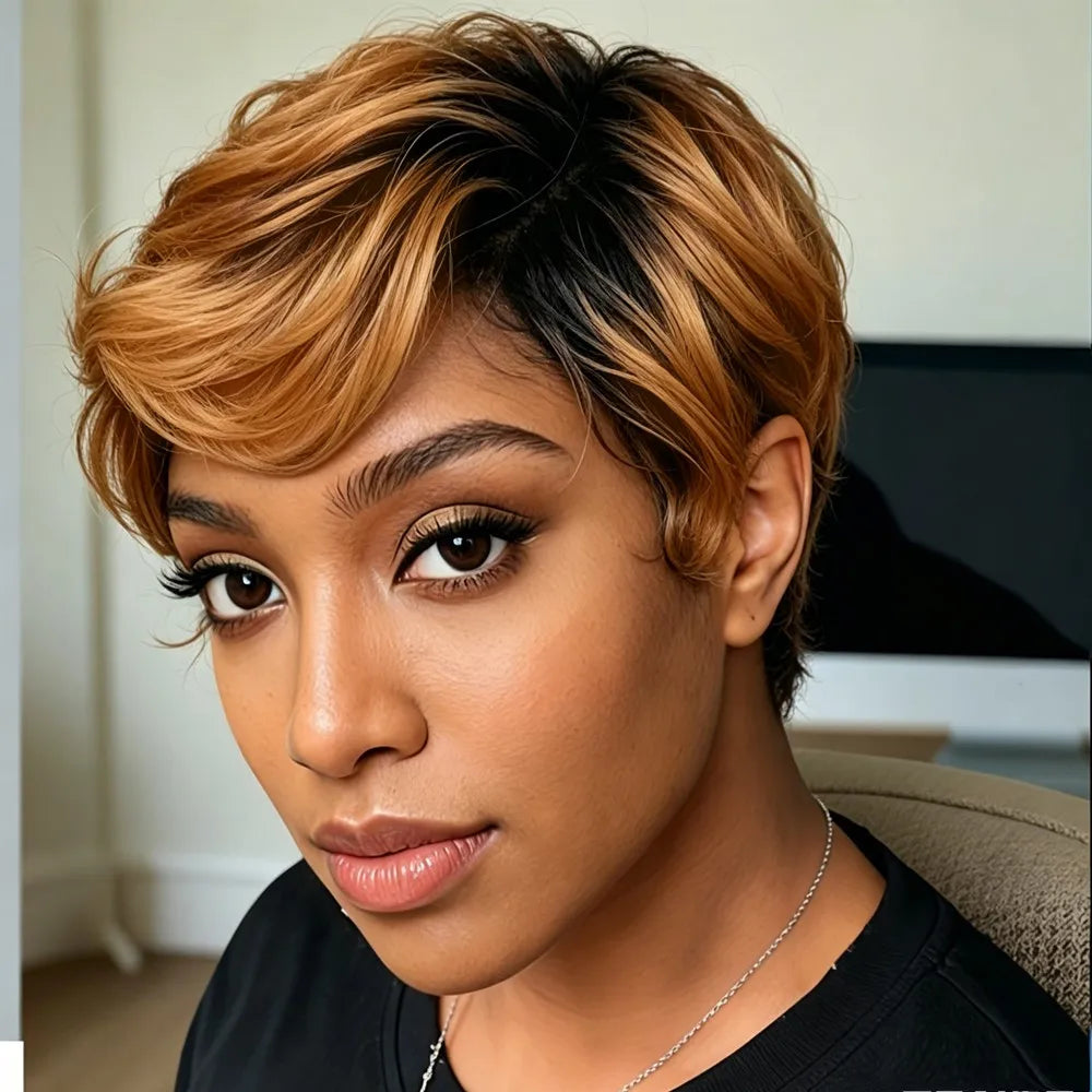 pixie cut wig150% density 4inch machine made pixie short curly 1B30 color human hair wig  for women 150% density daily party use