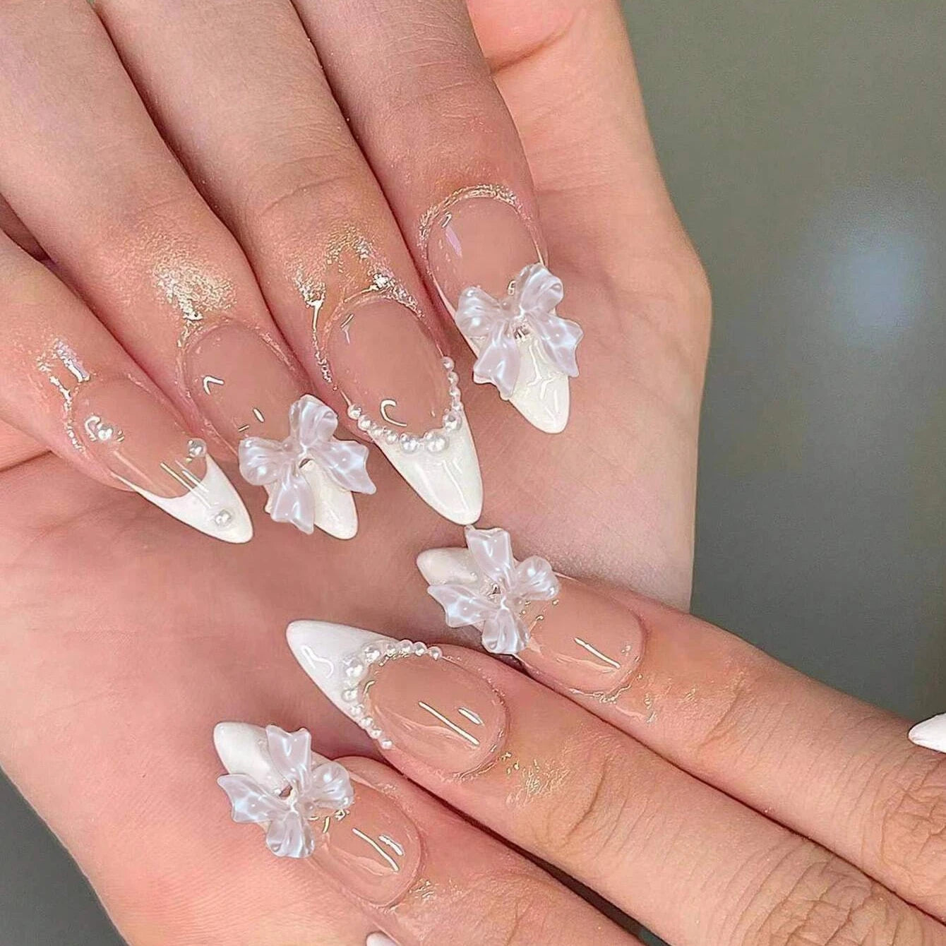 24PCS- Coffin nail plate, 3D 3D pink bow, pink flower pattern decoration, rhinestone setting, suitable for fashionable girls