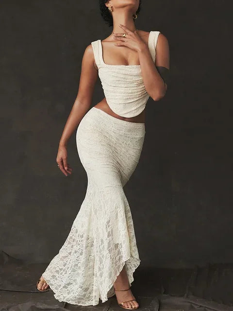 Lace Bandage 2 Piece-Set Long Skirt Female Patchwork Fashion Backless High Waist Elegant Lace-Up Maxi Skirt Sets Outfits