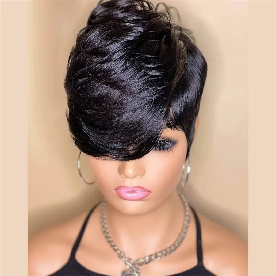 Peluca de cabello humano con corte pixie ondulado