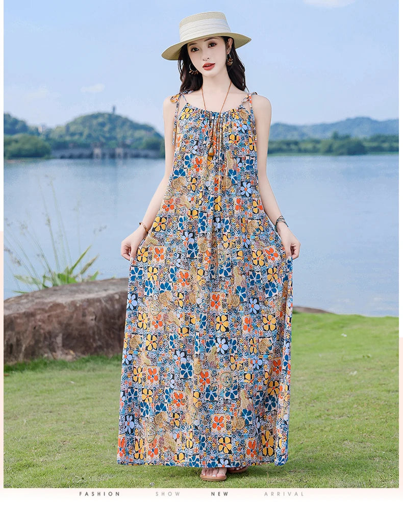 New Fashion Hot Summer Dresses For Women  Casual Flower Print Floral Sleeveless Dress Vintage Dress Loose Women Clothing