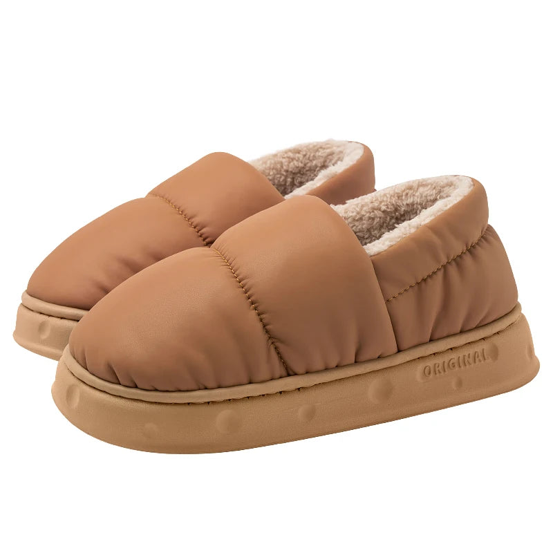 Queeyhome Men Winter Cotton Slippers Waterproof Anti Slip Thick Bottom Shoes Couple Home Plush Cotton Slippers Women Snow boots