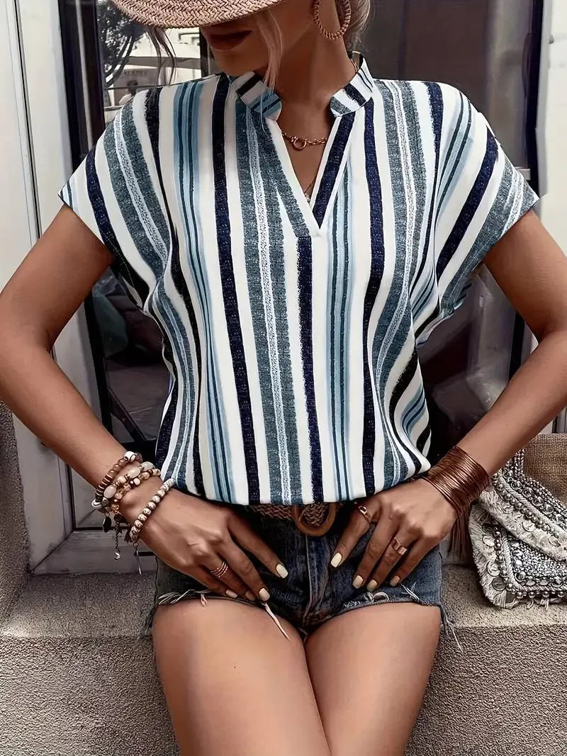 Women's Tops Blouses New Summer Casual Fashion Striped Print V-neck Short Sleeve Shirt Elegant Women Shirts Tops Streetwear