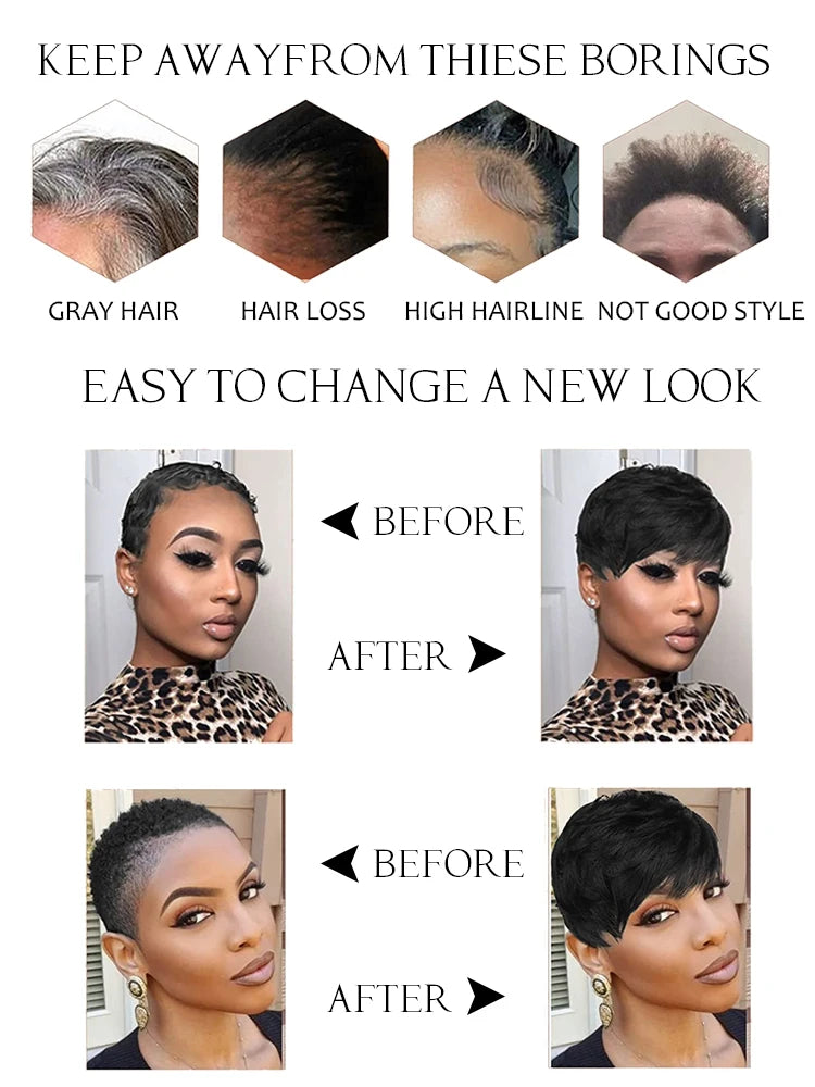 Pelucas de Cabello Humano Peluca Corta Pixie de Cabello Humano para Mujeres Negras Pelucas Hechas a Máquina con Flequillo Peluca Pixie Perruque Cheveux Humain
