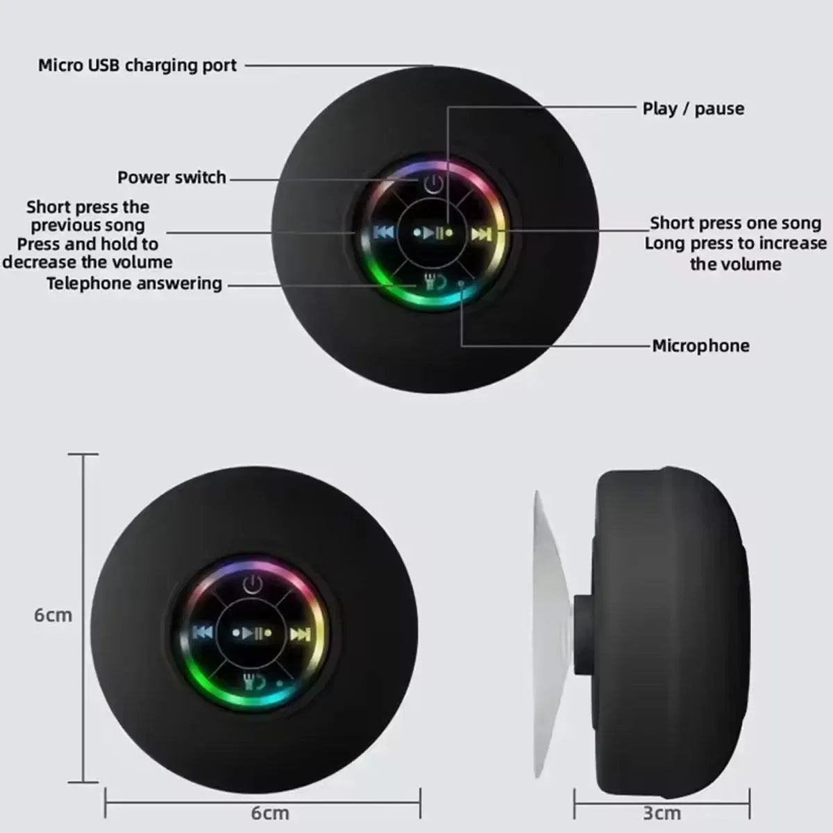 Portable Bluetooth Speaker IPX4 Waterproof With LED Lights Large Suction Cup For Bathroom Outdoor Wall Mount Wireless Music