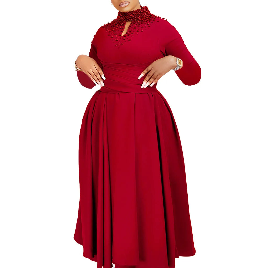 Vestido Elegante Africano para Mujer, Vestidos de Noche con Cuello Alto y Cuentas a la Moda, Vestido Delgado de Temperamento para Mujer, Vestidos Casuales de Manga Larga