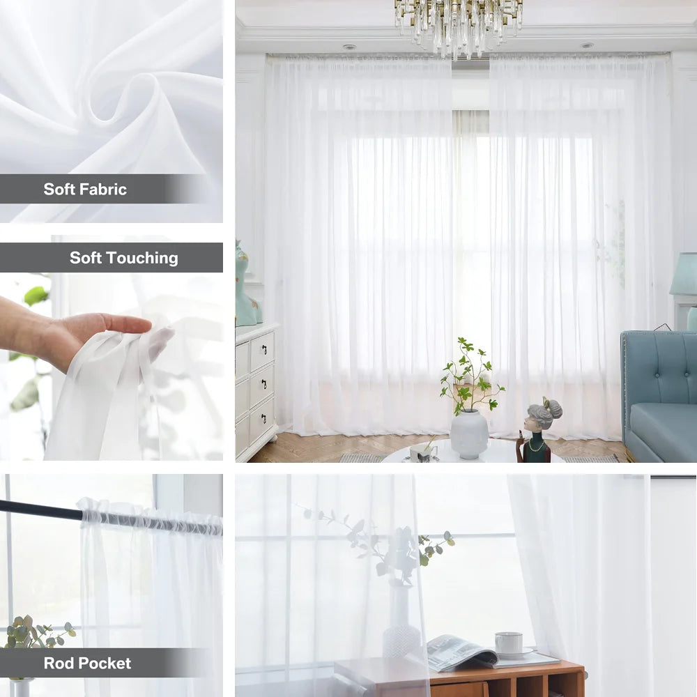 Transparente gardiner til soveromsvinduer, uformelt, ensfarget hvitt garn i tyll til barnerom/stue, kjøkkenvinduer