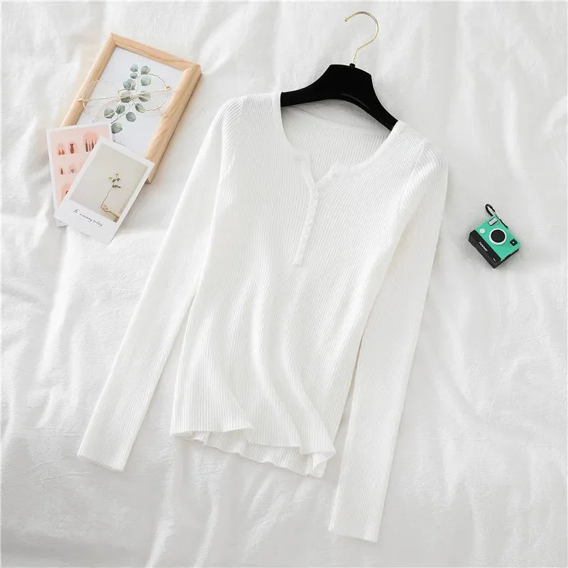 Korea Autumn Winter Button V Neck Sweater Women Basic Slim Pullover Women Sweaters And Pullovers Knit Jumper Soft Warm Tops