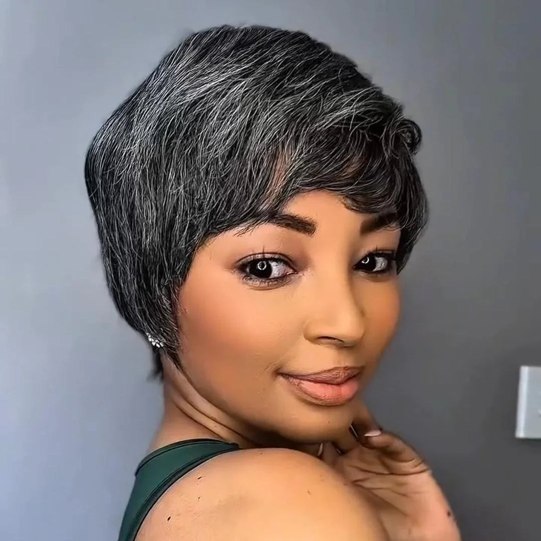 Smoky Gray Pixie Cut Glueless Human Hair Wig,Full Machine Made Short Hair Wig Pre Plucked Natural Hairline Soft Smooth Easy Wear Daily Dating Outdoor Party Trendy Stylish Hair Wig