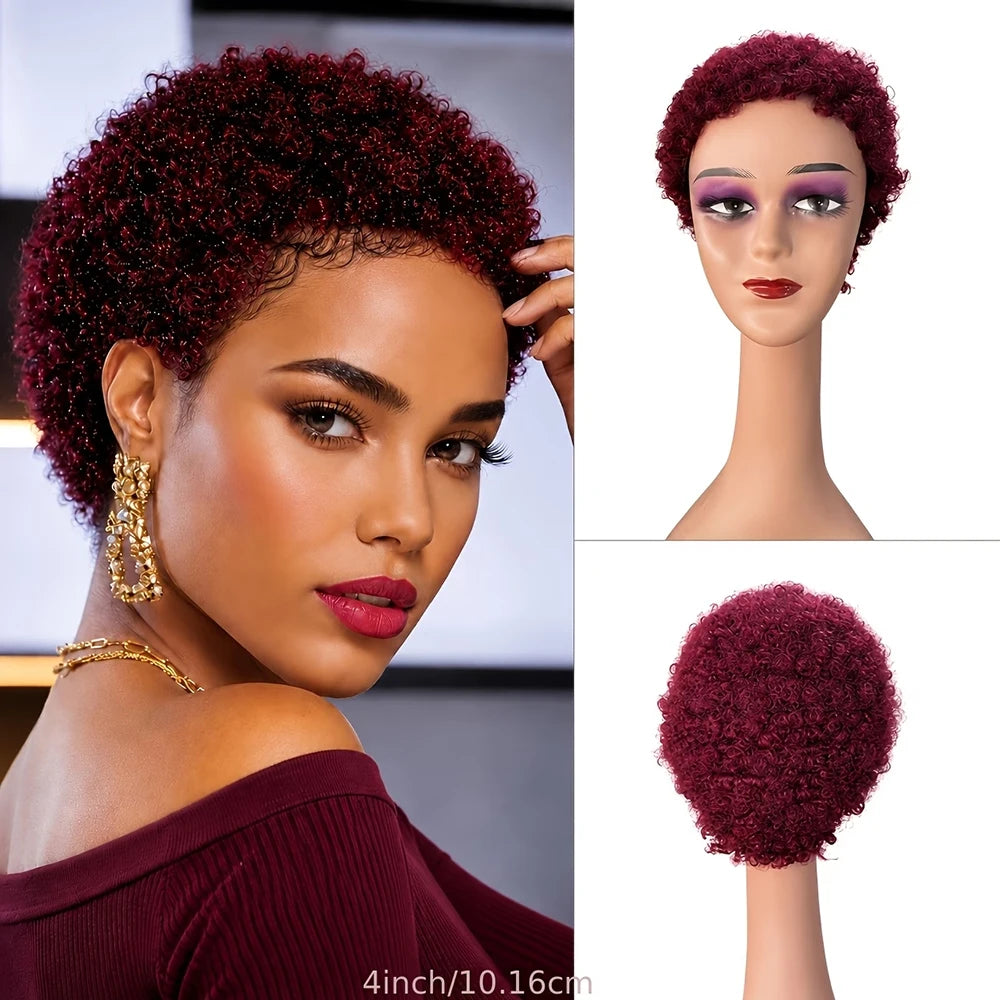 Afro Short Kinky Curly Wig Pixie Cut Wigs Human Hair for Black Women Bazilian Hair Machine Made Cap Natural Black/Burgundy/Brown