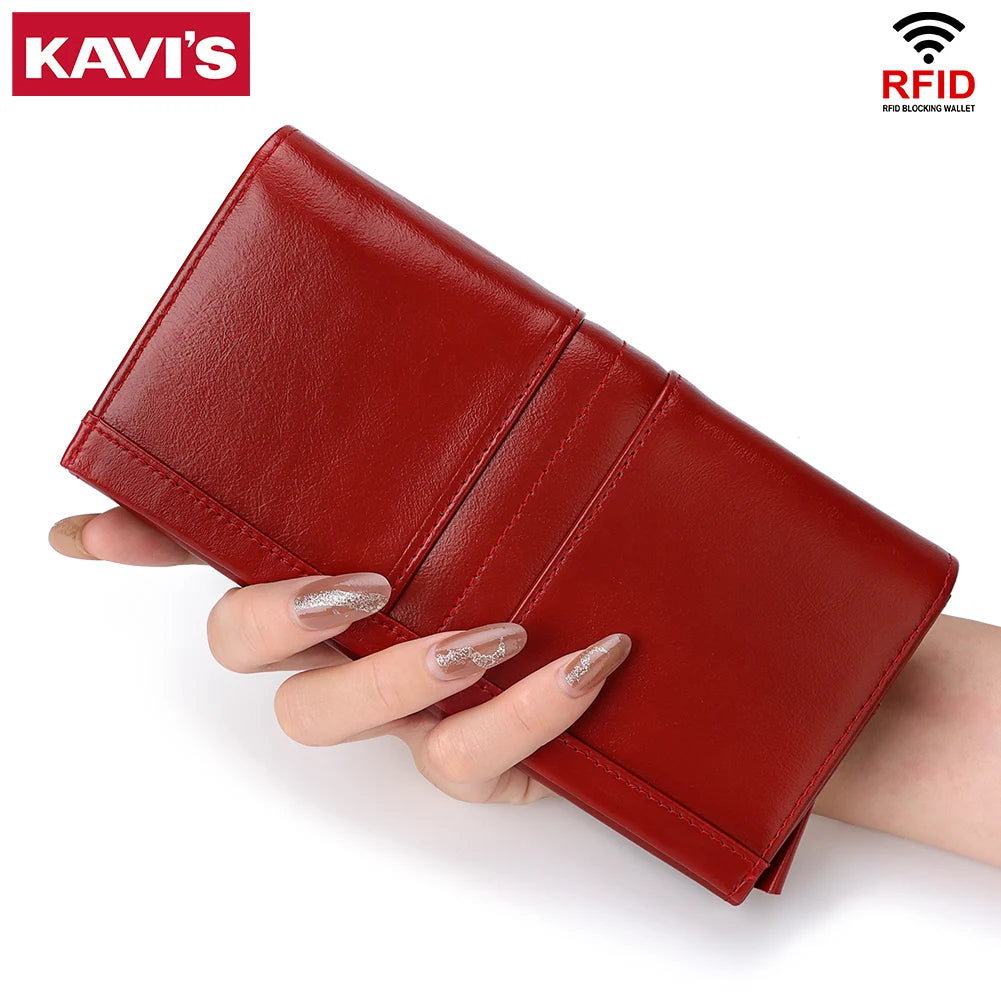 KAVIS Luxury Brand Genuine Leather Wallet for Women Long Clutch with Cell Phone Bag RFID Fashion Red Credit Card Holder Purse