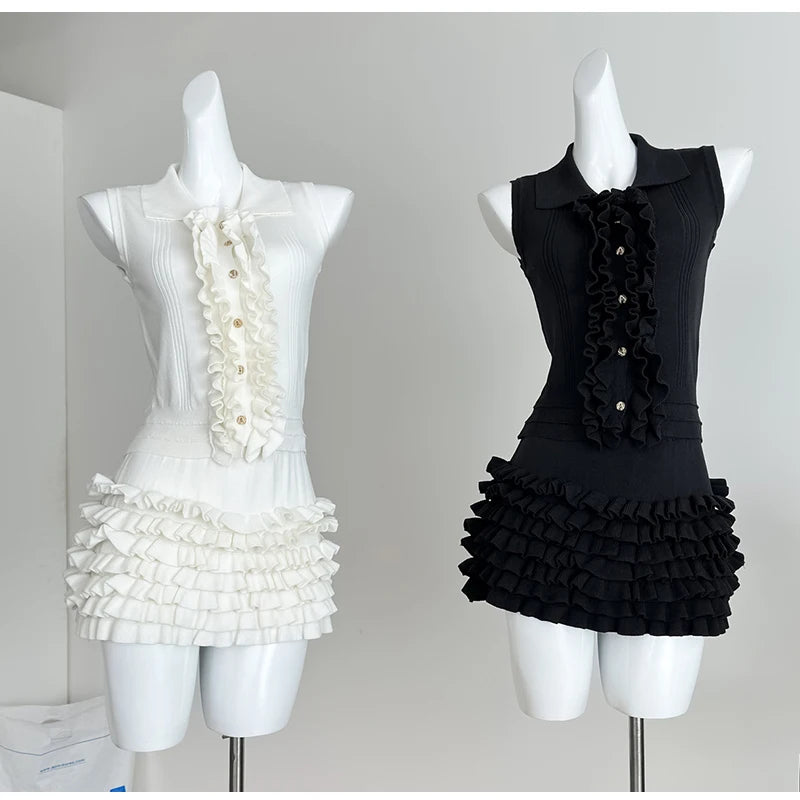 2 Two-Piece Knitted Skirt Sets Stylish Sleeveless Tank Tops and High Waist Layered Mini Skirts Black White Outfits Women Suits