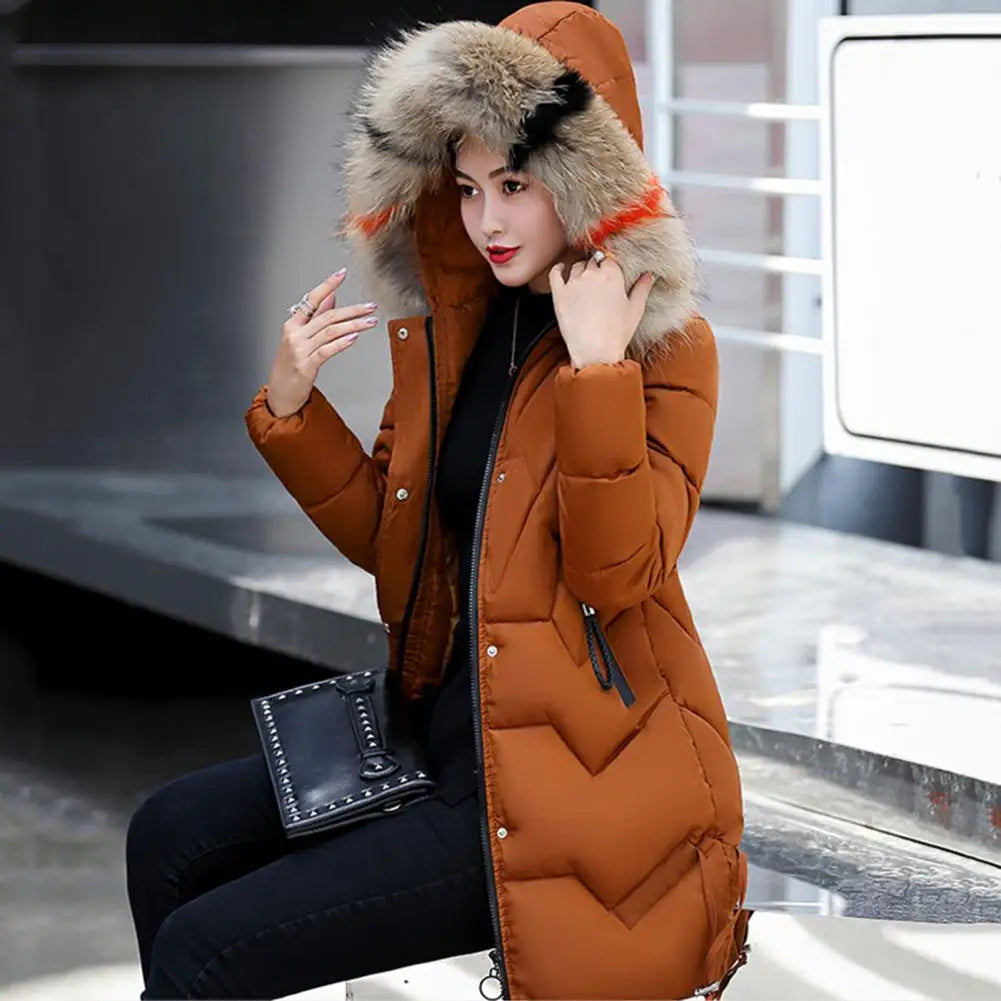 Hooded Cotton Jacket Stylish Winter Women's Cotton Jacket with Furry Hood Neck Protection Mid Length Zipper for Windproof