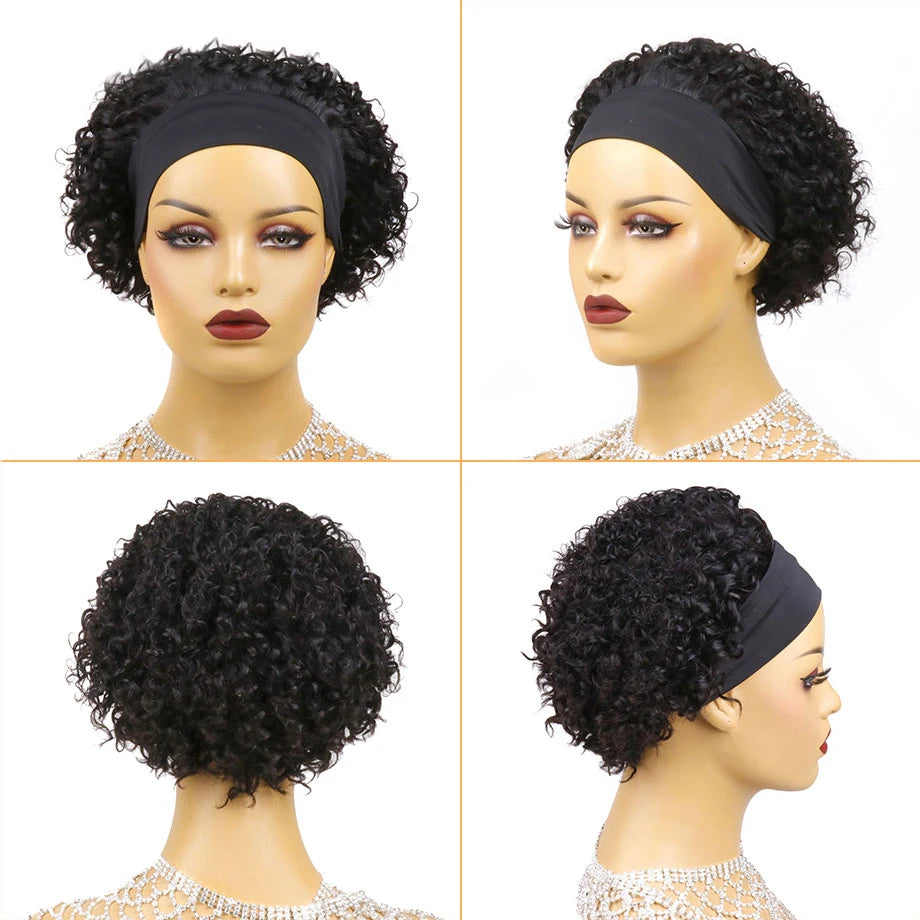 Peluca con diadema rizada de cabello humano - Rizos Kinky Bob corto, Peluca de ajuste universal con diadema para mujer, a la moda y hecha a máquina