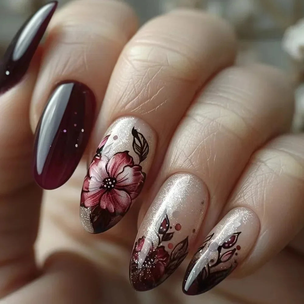French Press on Fake Nails with Flowers Designs Summer Blue Short Almond False Nails Wearable French Full Cover Press on Nails