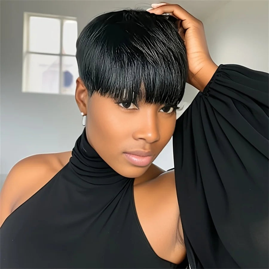 Peluca de pelo Remy de 6 pulgadas con densidad del 150%, color negro natural/99j/castaño, hecha a máquina, corte pixie, corta, lisa, de cabello humano para mujer