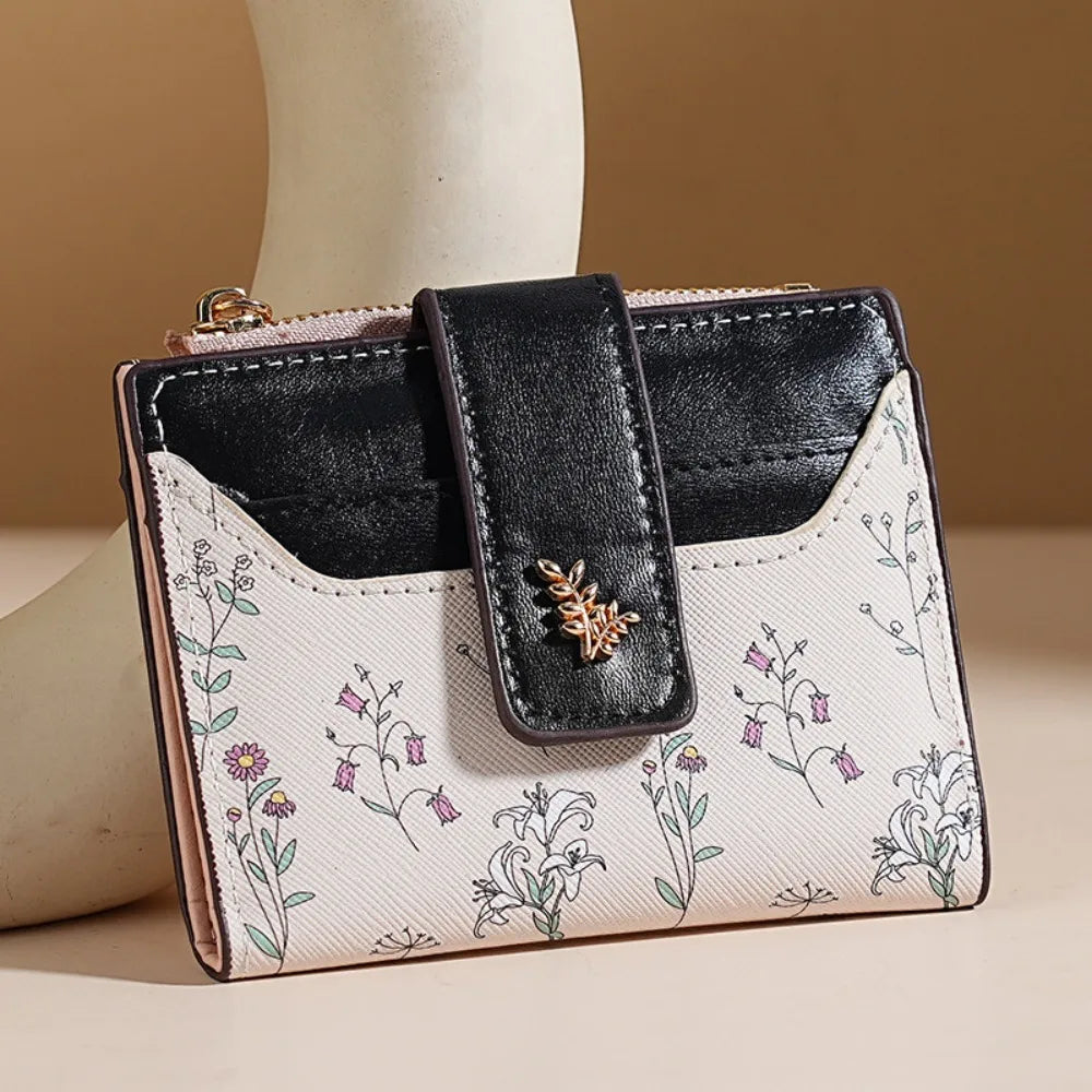Cartera corta de piel sintética fina INS, monedero con cremallera para varias tarjetas, cierre de flores pequeñas, bolsa para tarjetas, cartera con cremallera para mujer/niña