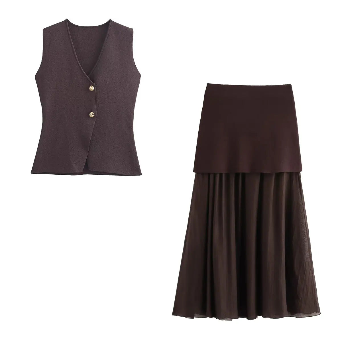TRAFZA Women Skirt Set Wine Red Knitted V-Neck Sleeveless Slim Vest +Solid High Waist Zipper Patchwork Long Skirt Street
