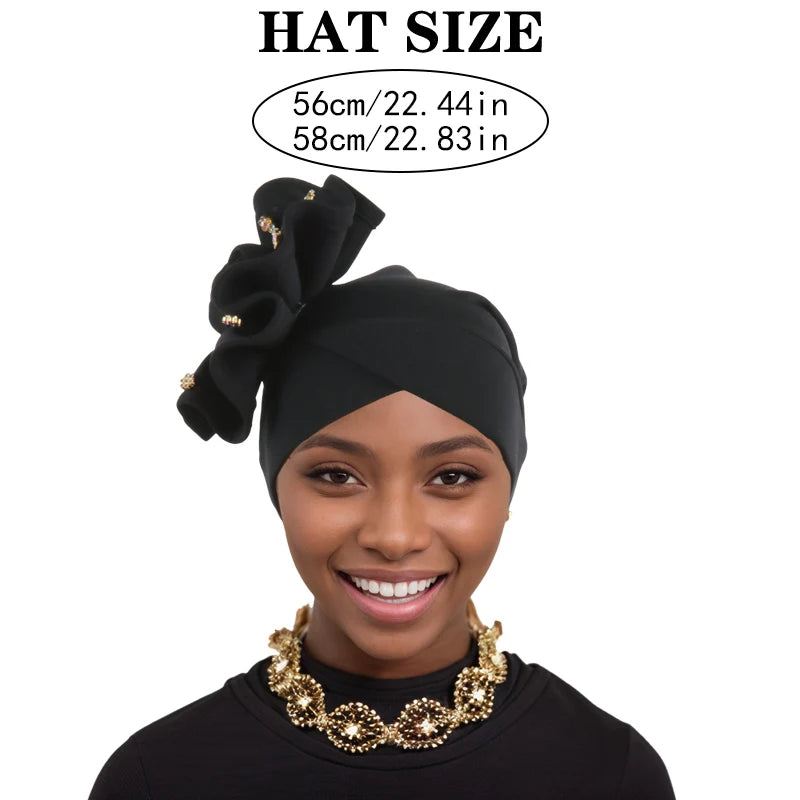2025 Trendy Women Big Flower Turban Hat Fashion Muslim Hijab Caps Beads Head Wrap Bonnet Bandana Chemo Cap African Headties Hats