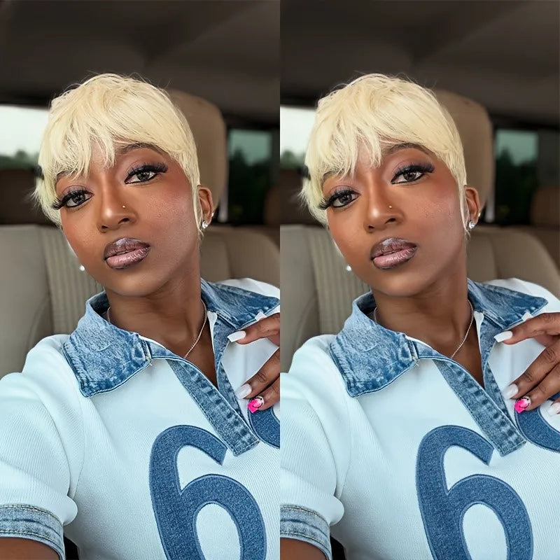 short straight human hair wig machine made pixie wig blonde color for women daily party use wig pixie cut wig